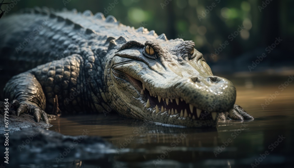 Obraz premium A Majestic Saltwater Crocodile Basking in Serene Waters