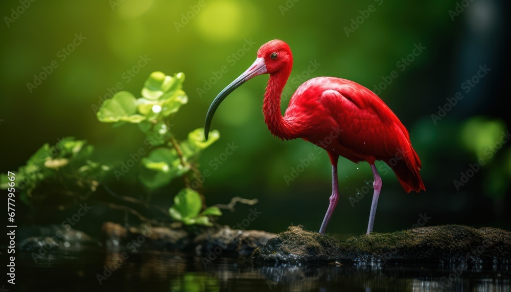 Naklejka premium A Majestic Scarlet Ibis Perched on a Weathered Stone