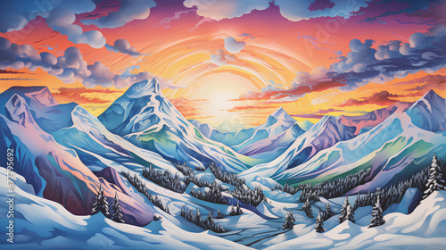 Snowy Mountain Range Sunrise Wallpaper Background Colorful Painting Generative AI