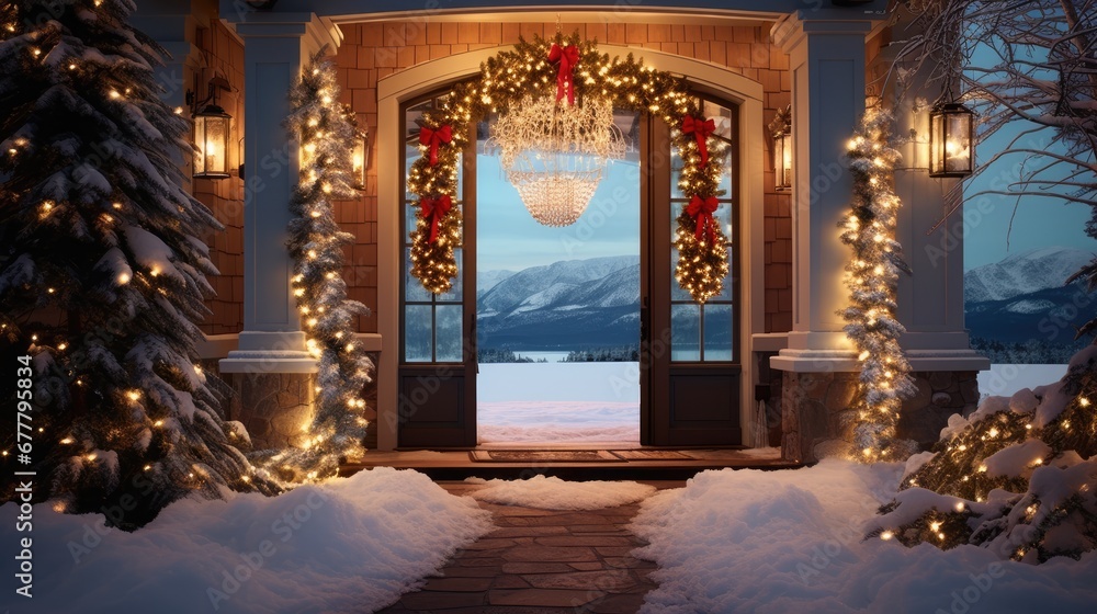  a front door decorated with christmas lights and a chandelier hanging from the side of the front of the house.