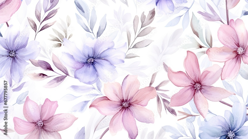  a watercolor painting of pink, purple, and blue flowers on a white background with green leaves and stems.