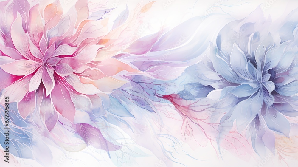 a painting of two pink and blue flowers on a white background with a pink and blue flower in the middle of the picture. a painting of two pink and blue flowers on a white background with a pink and blue flower in the middle of the picture.