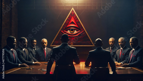 An Illuminati group with a big red all-seeing eye in the background. photo