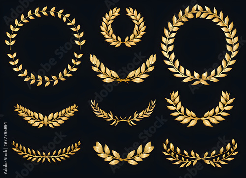 a set of gold wreaths made from flowers and leaves on black background