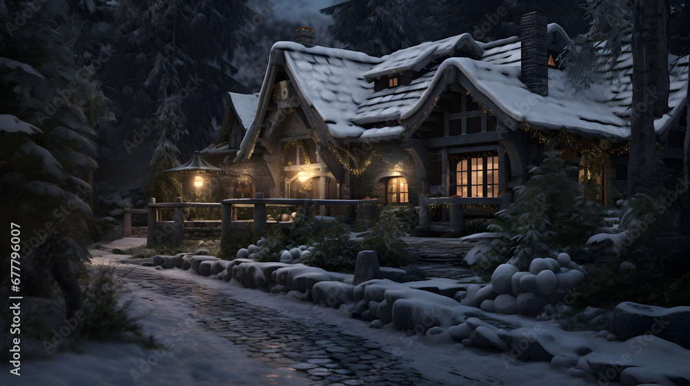 Charming Cottage Nestled in a Snowy Forest, Enhanced with Cool and Muted Tones to Evoke a Cozy and Enchanting Ambiance
