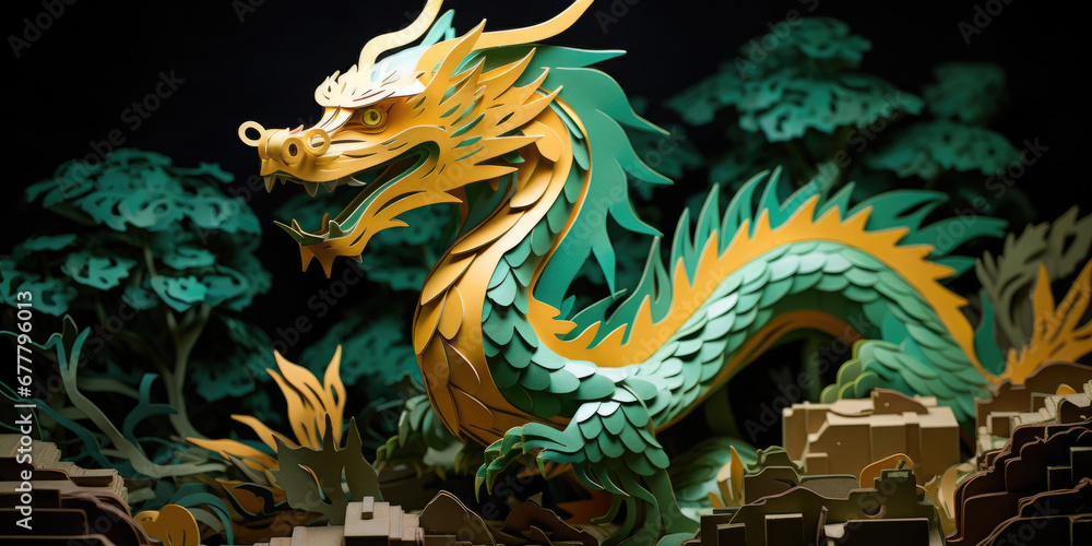 Papercut craft or origami, Green and yellow dragon on black background made from paper, symbol of new 2024 year