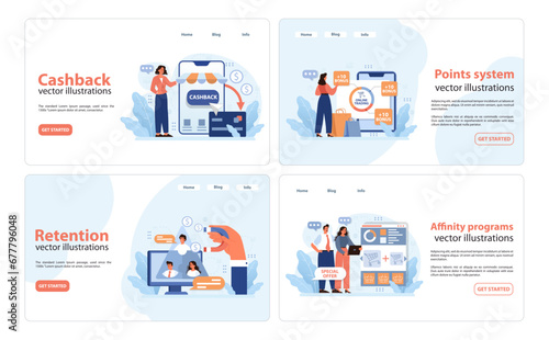 E-commerce benefits set. Shoppers enjoy cashback rewards, collecting bonus points, enticing retention methods, and engaging affinity programs. User-centric strategies. Flat vector illustration