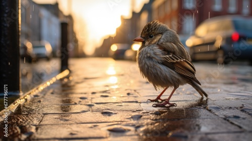 Fototapeta Naklejka Na Ścianę i Meble -   a small bird standing on the side of a wet road next to a street light with cars parked on the side of the road in the background.