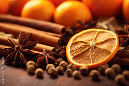 Traditional Christmas spices and dried orange slices on holidays background. Free space for text