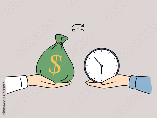 Hand with money and clock as metaphor for exchanging financial resources for time and delegation to increase productivity. Business concept of selling own free time and getting money for work