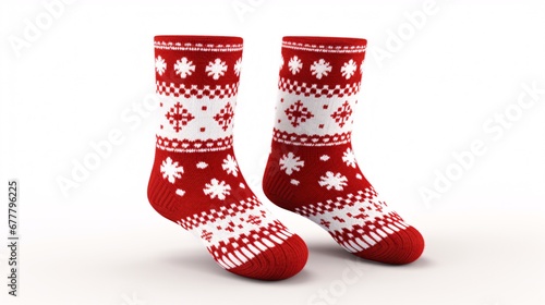 Wooly, festive winter socks decorated with white hearts, evoking a crisp, cold winter in red and white.
