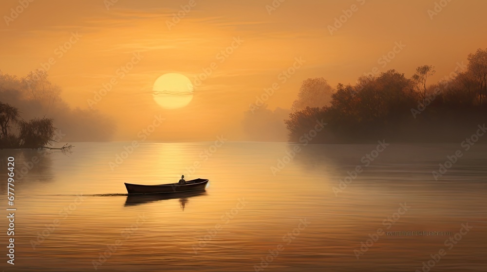  a painting of a man in a rowboat on a lake at sunset with the sun setting in the background.