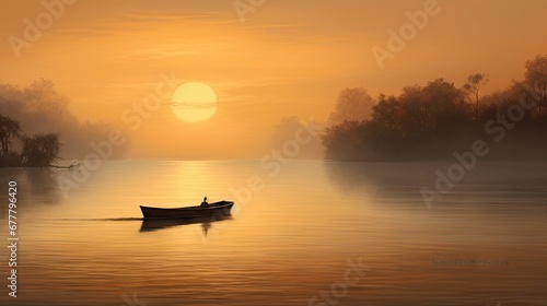  a painting of a man in a rowboat on a lake at sunset with the sun setting in the background. © Anna