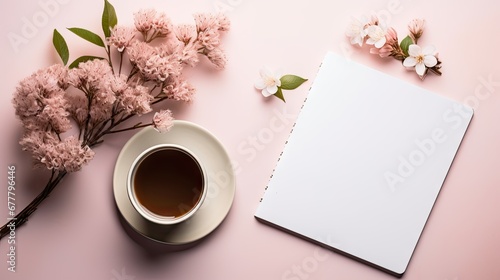  a cup of coffee and a notepad on a pink background with pink flowers and a branch of cherry blossom.
