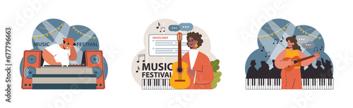Music festival set. Vibrant scenes with DJ mixing beats, festival poster on piano, female harpist and guitarist. Audience enjoyment, live performance thrill. Flat vector illustration