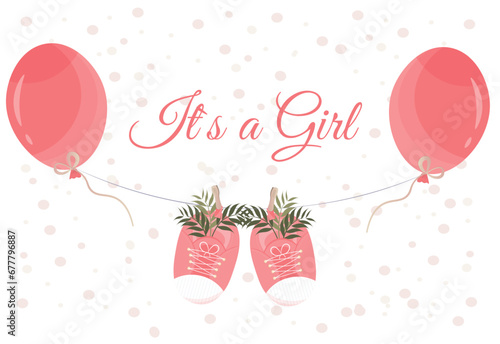 Banner with balloons in pink color, it's a 's a girl phrase, baby shower party concept, gender reveal party concept, flat vector illustration