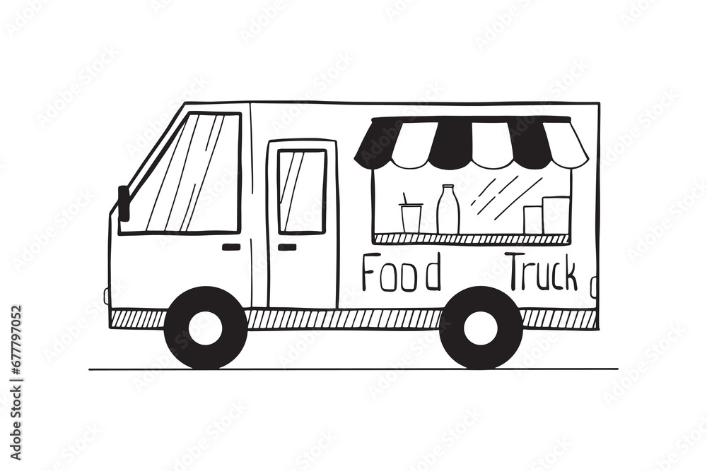 Hand drawn food truck. Food truck illustration in doodle style isolated on white background. Vector illustration