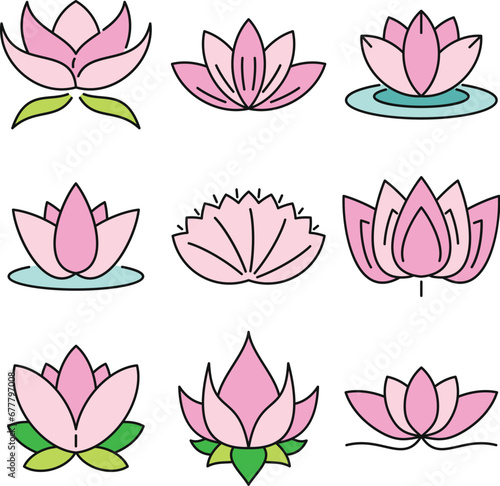Lotus icons set. Outline set of lotus vector icons thin line color flat on white