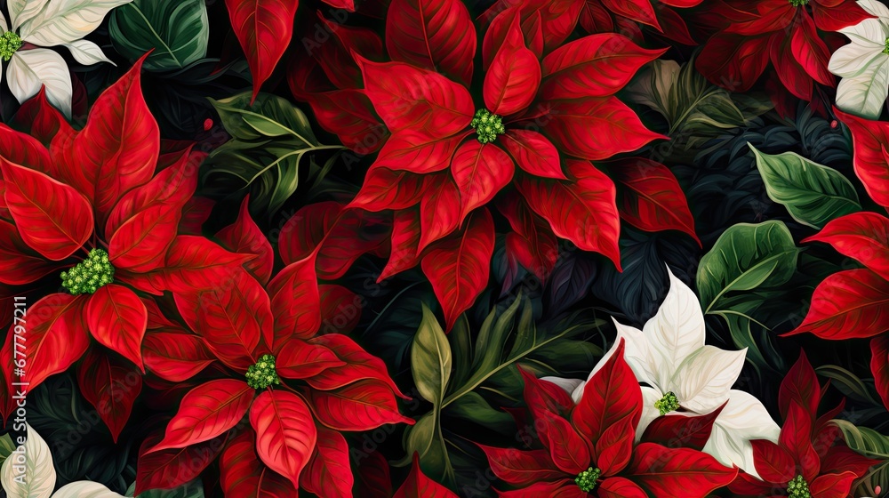  a large group of red and white poinsettis with green leaves on a black background with red and white poinsettis. - obrazy, fototapety, plakaty 