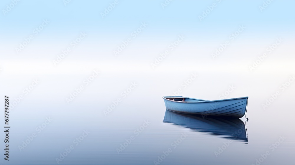 a small boat floating on top of a body of water with a blue sky in the background and a few clouds in the sky. a small boat floating on top of a body of water with a blue sky in the background and a few clouds in the sky.