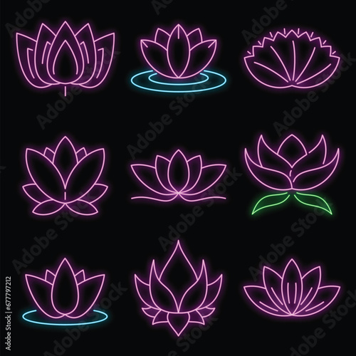 Lotus icons set. Outline set of lotus vector icons neon color on black