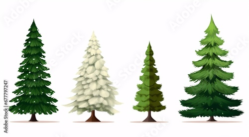 Four unadorned and adorned Christmas trees on a pale canvas.