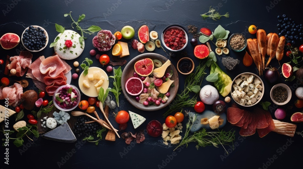  a table topped with lots of different types of fruits and vegetables next to bowls of meats and cheeses.