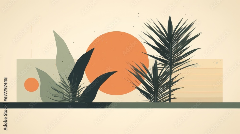 Abstract geometric and natural shapes in a mid-century modern style illustration. This modern artwork features tropical palm leaf and geometric elements, offering a minimalist print suitable for poste