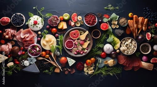  a table topped with lots of different types of fruits and vegetables next to bowls of meats and cheeses.