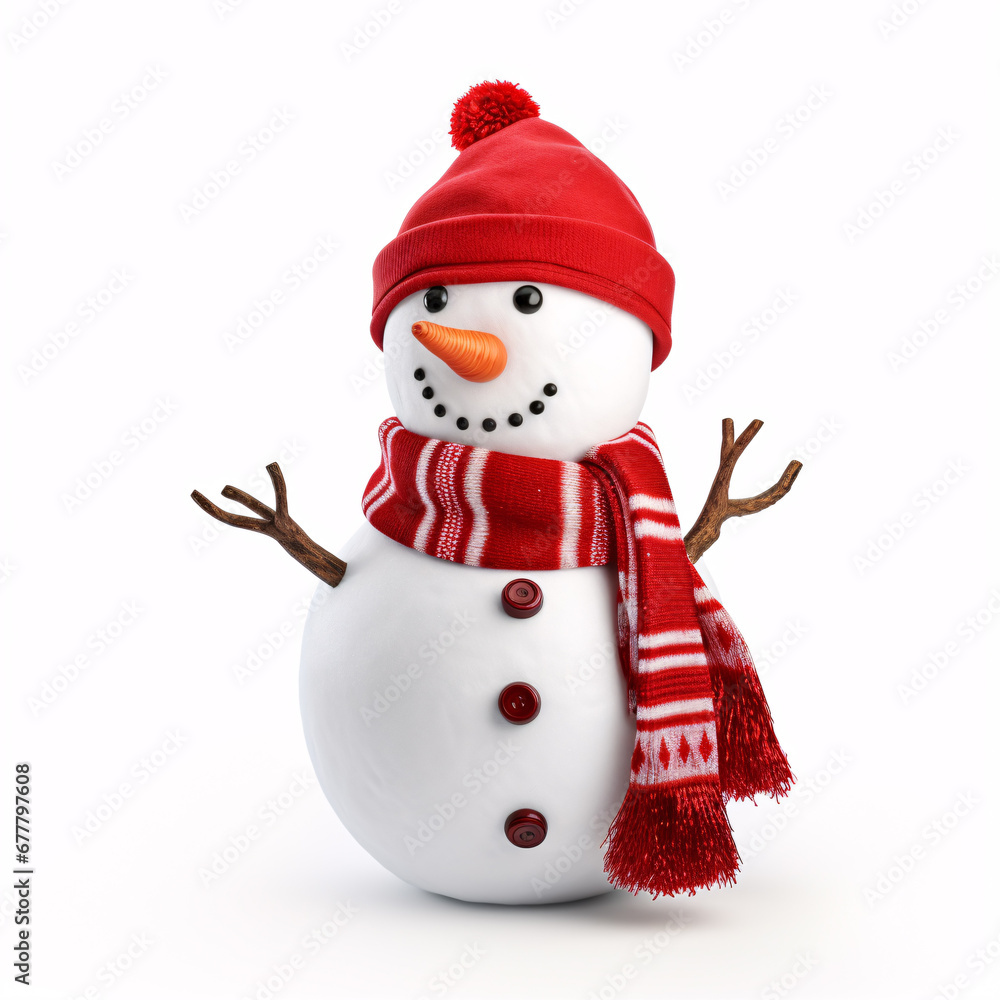A snowman wearing a Santa cap and scarlet scarf is alone on a white backdrop. A snowman wearing a Santa cap and scarlet scarf is alone on a white backdrop.