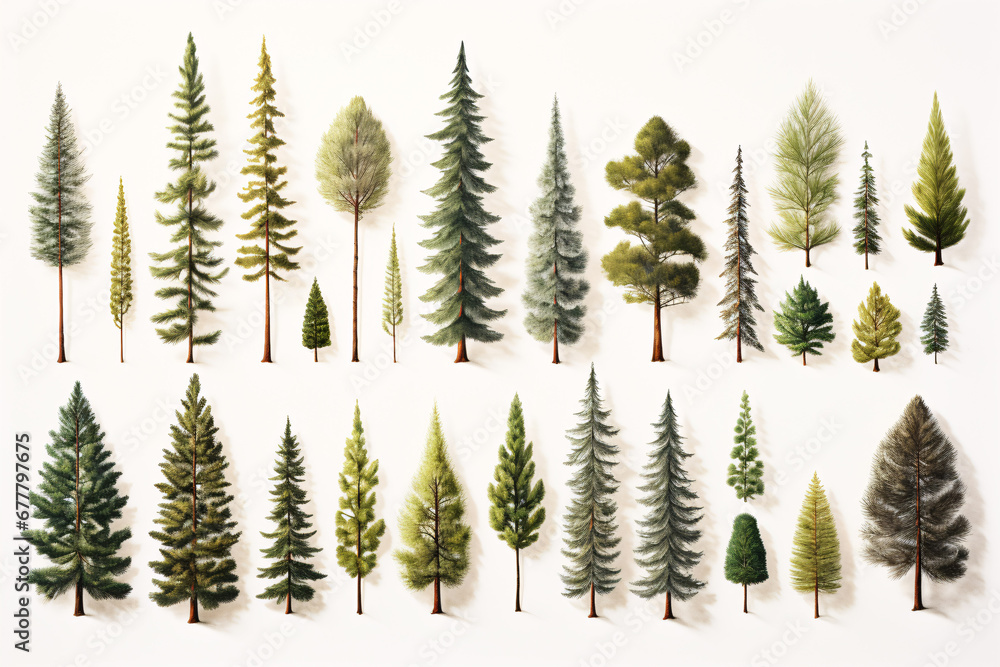 A variety of evergreens on a pallid backdrop. A variety of evergreens on a pallid backdrop.