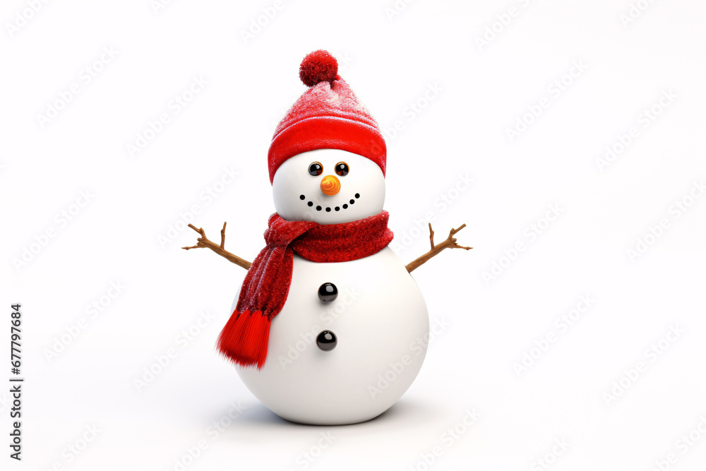 A snowman with a red snood and Father Christmas bonnet stands alone on a white backdrop.