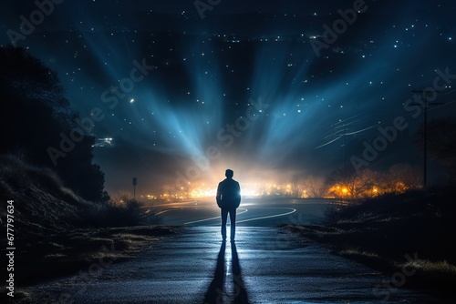 Rear view of a man standing on the road at night, Ai Generated