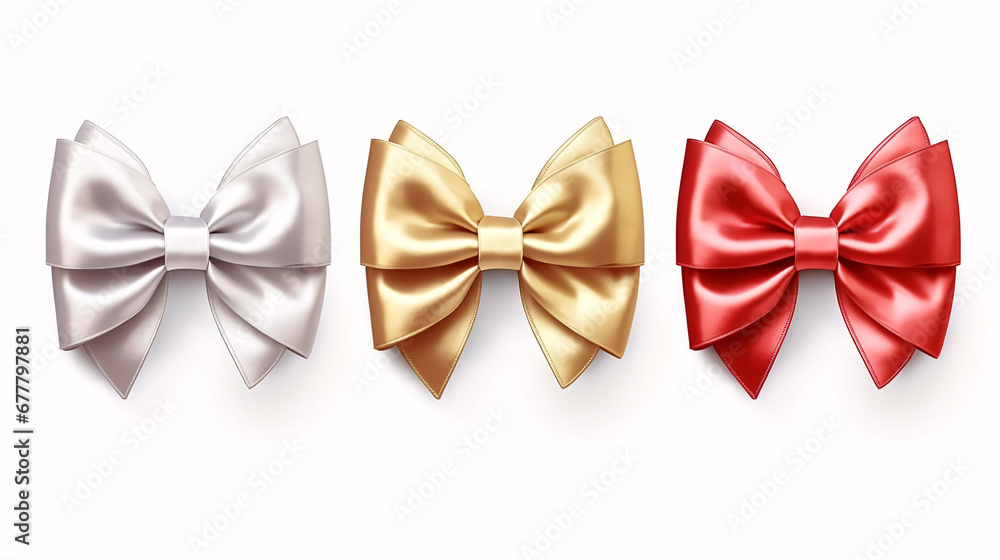 A set of radiant, white, yellow, silver, and red metallic bows with a silhouette on a stark white surface, perfect for festive occasions.
