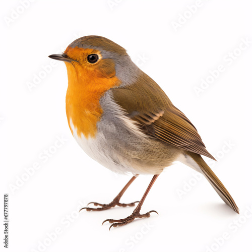 A solitary red robin (Erithacus rubecula) perched on blank white.