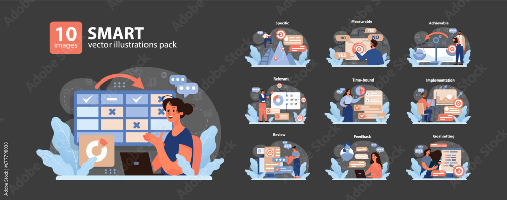 SMART goals set. Visual guide for effective planning. Characters ...
