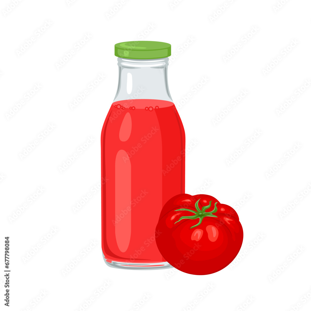 Tomato juice in bottle isolated on white background. Vector cartoon illustration of fresh vegetable drink. Tomato juice in bottle isolated on white background. Vector cartoon illustration of fresh vegetable drink.