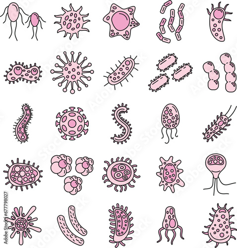 Bacteria biology icons set. Outline set of bacteria biology vector icons thin line color flat on white