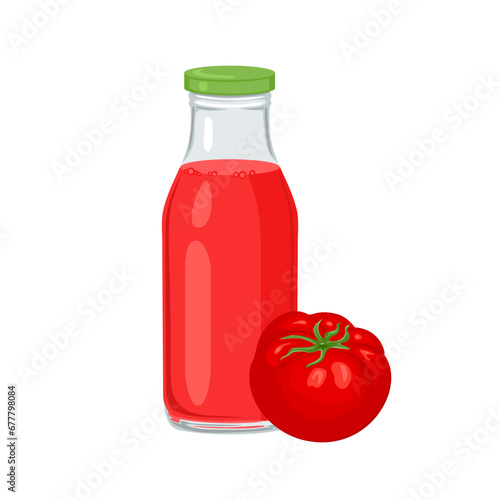 Tomato juice in bottle isolated on white background. Vector cartoon illustration of fresh vegetable drink.