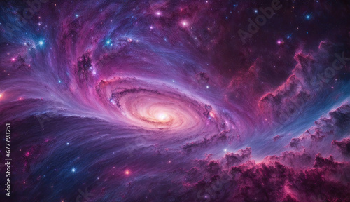 Envision a surreal galaxy with swirling hues of purple color. A vibrant spiral galaxy glows with rich shades of purple. Ai Generative