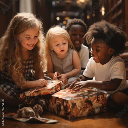 Children sit with enthusiasm on the living room floor surrounded by a vibrant array of gifts.