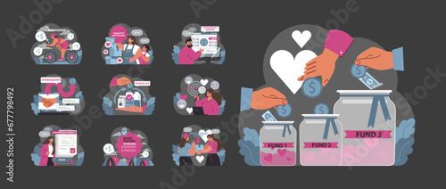 Sponsorship set. Individuals and organizations engaging in mutual support. Cyclist gaining funds, digital interactions, charitable donations. Music festival backing, family aid. vector illustration