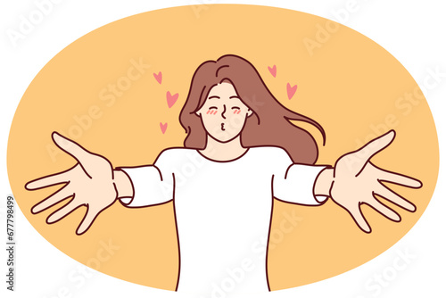 Happy young woman stretch arms waiting for love and kisses. Smiling girl share affection and feelings. Vector illustration.