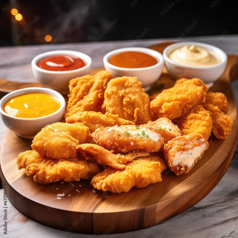 An arrangement of chicken wings and sauce on a wooden tray An arrangement of chicken wings and sauce on a wooden tray