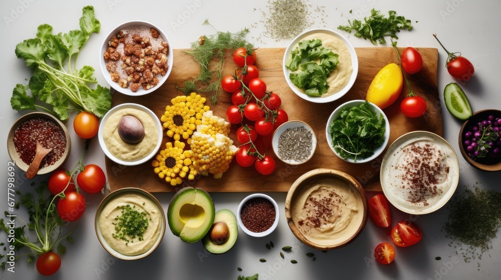 a wooden cutting board topped with bowls filled with different types of food next to veggies and dips. a wooden cutting board topped with bowls filled with different types of food next to veggies and dips.