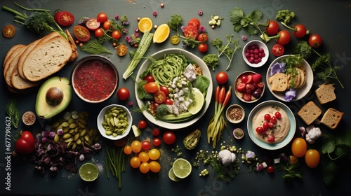 a table topped with plates of food and bowls of fruit and veggies on top of a black surface.