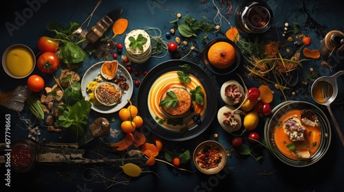  a table topped with plates of food next to oranges and other foods on top of a blue table cloth.