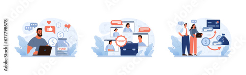 Sponsorship set. Engaging crowdfunding scene. Virtual meetings with sponsors, package deals, transaction insights. Collaborative financial support. Flat vector illustration