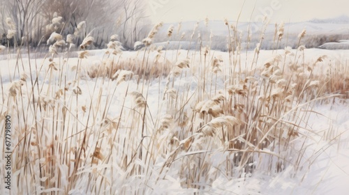  a painting of a snow covered field with tall grass in the foreground and a few trees in the background.