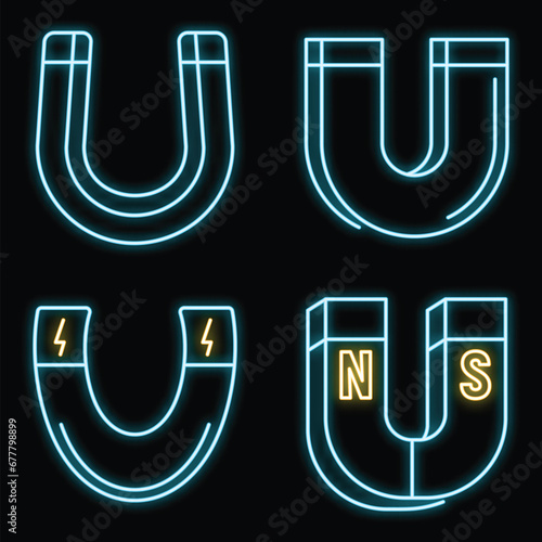 Magnet attraction icons set. Outline set of magnet attraction vector icons neon color on black